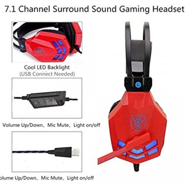 KK Timo Kopfhörer Gaming Headset USB-Kopfhörer for for PS4 PC 7.1 Surround Sound Noise-Cancelling Mikrofon Nullohrendruck-Mute Lautstärkeregler (Color : Red)