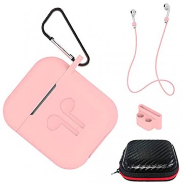 AICEK Hülle Kompatibel mit AirPods Silikon Schutzhülle für Apple AirPods 1 & 2 Silikonhülle Aufladen Case Zubehör mit Anti-Lost Strap Ohrhaken Karabiner Halterclip Kopfhörer Tasche Rosa