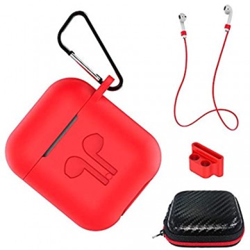 AICEK Hülle Kompatibel mit AirPods Silikon Schutzhülle für Apple AirPods 1 & 2 Silikonhülle Aufladen Case Zubehör mit Anti-Lost Strap Ohrhaken Karabiner Halterclip Kopfhörer Tasche Rot