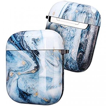 Cujas Schutzhülle kompatibel mit Apple AirPods 1 & 2 – Unterstützt kabelloses Laden – Mit praktischem Karabiner Glänzende Oberfläche Stoßfestes Case Perfekte Passform – Eisblauer Marmor