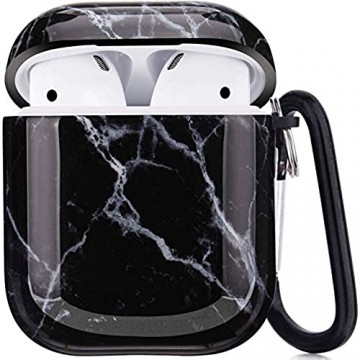 Cujas Schutzhülle kompatibel mit Apple AirPods 1 & 2 – Unterstützt kabelloses Laden – Mit praktischem Karabiner Glänzende Oberfläche Stoßfestes Case Perfekte Passform – Schwarzer Marmor