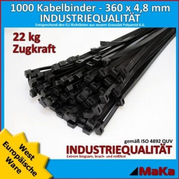 1000 Stk Kabelbinder schwarz 360 x 4 8 mm EUROPA-/ INDUSTRIEQUALITÄT