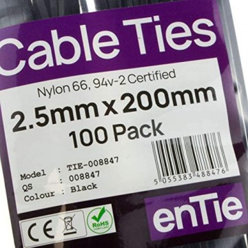 enTie Schwarz Kabel Kabelbinder 2 5 mm x 200 mm Nylon 66 UL Zertifiziert [100 Stück] [200mm x 2 5mm]