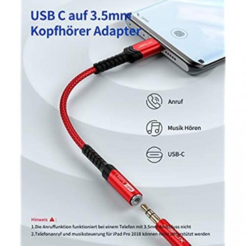 JSAUX USB C Kopfhörer Adapter Aux USB C auf 3.5 Klinke Adapter Audio für Samsung S20/S20 Plus/Note20/Note10 Huawei P40/P30 Pro/P20/P20 Pro Mate30/20/10 Pro Pixel 4/3 OnePlus 8/7 iPad Pro Rot