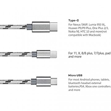 3meters Multi USB Kabel Bolatus Universal Ladekabel 3 in 1 Nylon Mehrfach Handy Ladegerät Adapter Lang Kabel mit Typ C Micro USB Kompatibel mit Smartphone Tablets und mehr (2Pack*10FT)