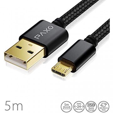 5m Nylon Micro USB Kabel schwarz USB auf Mikro USB Ladekabel Goldanschlüsse Elegante Alluminiumstecker Stoffmantel & Klettband