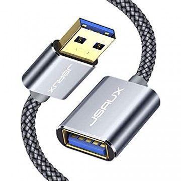 JSAUX USB 3.0 Verlängerung Kabel 2M USB A Stecker auf A Buchse Nylon Verlängerungskabel 5Gbps Superschnelle mit Vergoldeten Kontakte für Kartenlesegerät Tastatur Drucker Scanner Kamera usw - Grau