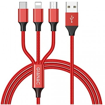 Multi USB Kabel GIANAC 3 in 1 Ladekabel (1.5M) Nylon Mehrfach Ladekabel iP Micro USB Typ C für Android Galaxy S10 S9 S8 S7 S6 A50 Huawei P30 P20 Xiaomi Sony Kindle Echo Dot（ROT）