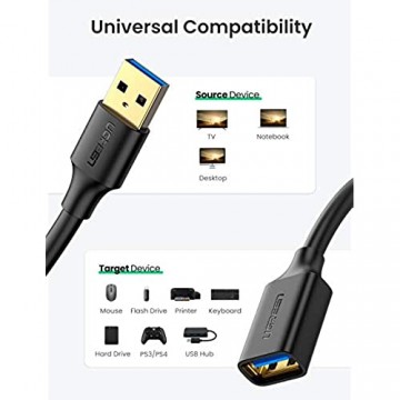 UGREEN USB 3.0 Verlängerung Kabel Verlängerungskabel USB 3.0 A Stecker auf A Buchse für Kartenlesegerät Tastatur USB-Stick Externe Festplatte USB Hub Drucker Scanner Kamera usw. (1m)