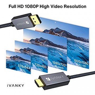 DisplayPort auf HDMI Kabel 3M DP auf HDMI Kabel 3Meter iVANKY DisplayPort auf HDMI Kabel 1080P für HDTV Monitor Projektor Laptop PC AMD NVIDIA und mehr - Grau