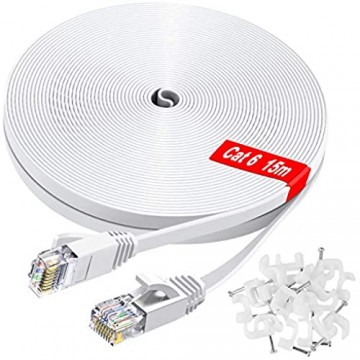 GLCON LAN Kabel 15meter Cat6 Netzwerkkabel High Speed Ethernet Kabel 10/100/1000Mbit/s Flach Kabel Kompatibel mit Switch/Router/Modem/Patch-Panel Weiß