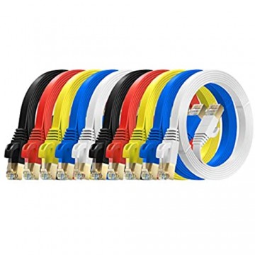 MutecPower 3m 10 Pack Ultra FLACHES Cat 7 Ethernet Netzwerkkabel mit RJ45 Steckern - SFTP - 600 MHz - 3 Meter rot/gelb/blau/schwarz/weiße Kabel mit Kabelbindern und Clips