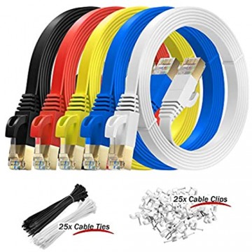 MutecPower 5m 5 Pack Ultra FLACHES Cat 7 Ethernet Netzwerkkabel mit RJ45 Steckern - SFTP - 600 MHz - 5 Meter rot/gelb/blau/schwarz/weiße Kabel mit Kabelbindern und Clips