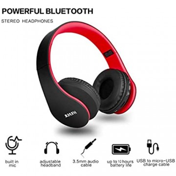 JIUHUFH Premium Bluetooth Kopfhörer Multifunktion Faltbar mit Eingebautem Mikrofon/MP3-Player/Support-Freisprech Anrufe/3.5mm Verdrahtete Audio-in für Handy/TV/PC/Mac - Schwarz Rot