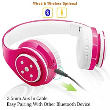 Kabellose Bluetooth Kopfhörer für Kinder Jugendliche ab 5 Kabelloser Kopfhörer Over Ear mit Lautstärkebegrenzung inkl. Radio on Ear drahtloser Faltbarer Kopfhörer mit Mikrofon HiFi Stereo (Pink)