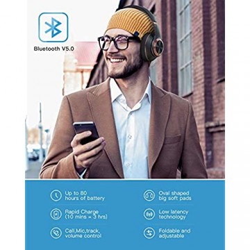 Picun Bluetooth Kopfhörer Over-Ear Headset 80-Stunden-Spielzeit Schnellladung kabelgebundener Backup-Modus faltbar integriertes Mikrofon für Musik Reisen Arbeiten (Schwarz Golden)