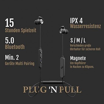 PLUG \'N PULL Wireless In Ear Bluetooth Headset Sport Kopfhörer ideal für Homeoffice 15 Std Spielzeit cVc8.0 Noise Cancelling Mikrofon Bluetooth 5.0 AptX HD Audio/Bass Boost IPX4 Wasserfest