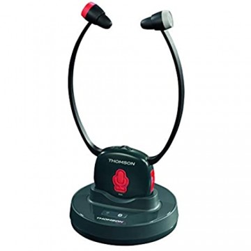 Thomson kabelloser TV-Kopfhörer für Senioren mit Ladestation (In-Ear-Kopfhörer mit getrennter Lautstärkeregelung digitaler Kinnbügel-Kopfhörer mit geringem Gewicht Bluetooth Mikrofon) Schwarz