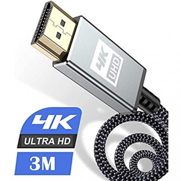 4K HDMI Kabel 3Meter Sweguard HDMI Kabel 4K @ 60Hz 18Gbps Highspeed HDMI 2 0 Kabel Nylon Geflecht vergoldete Anschlüsse mit Ethernet/Audio Rückkanal Kompatibel mit Video 4K UHD 2160p HD 1080p-Grau