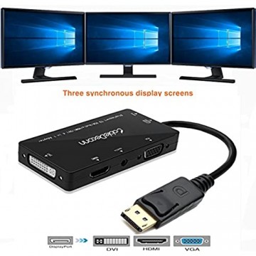 CABLEDECONN 4-in-1 Multifunktions-Displayport auf HDMI/DVI/VGA Adapterkabel mit Micro-USB Audio-Ausgang Stecker auf Buchse Konverter unterstützt 3 Monitore gleichzeitig