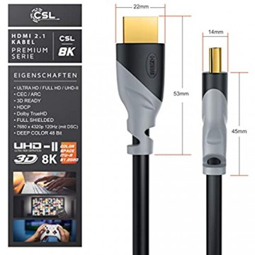 CSL - 8k HDMI Kabel 2.1 1 Meter - 8K @ 60Hz 4K @ 120Hz mit DSC - 48 Gbit/s - HDMI 2.1 2.0a 2.0b - 3D - Highspeed Ethernet - HDTV - UHD II - Dynamic HDR-10+ - eARC - Variable Refresh Rate VRR