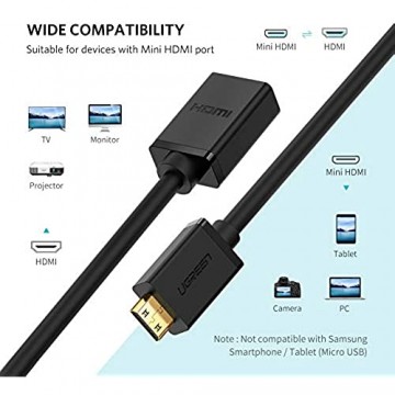 UGREEN Mini HDMI Adapter Mini zu Adapterkabel Mini HDMI stecker auf HDMI Buchse unterstützt 3D 4K Full HD 1080P ARC für Digitalkamera SLR Camera Grafikkarte Tablet Schwarz (Länge inkl. Stecker: 24cm /Länge ohne Stecker: 18cm)