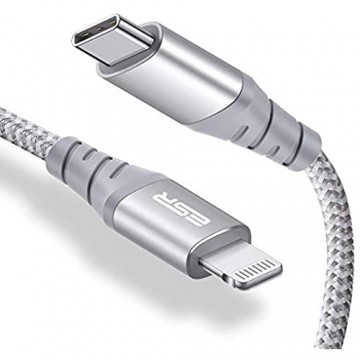 ESR USB C Lightning Kabel 2m MFi Zertifiziert Nylon Ladekabel Power Delivery Schnelllademodus für iPhone 12/12 Mini/12 Pro/12 Pro Max/SE/11/XR/XS/X/8 zur Benutzung mit Typ-C Ladegeräten Silber