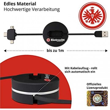Eintracht Frankfurt Fanartikel – Universal Ladekabel für Handy mit praktischer Kabelaufzug (bis zu 1m) Multi USB Kabel für USB C Micro USB und Lightning I Passend für iPhone iPad und Android