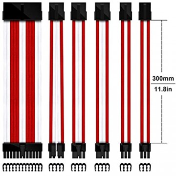 EZDIY-FAB MOD Sleeved Cable-Verlängerungskabel mit Muffe extra 24 Pin 8PIN 6PIN 4+4 Pin mit Kämmen 300mm - weiß rot