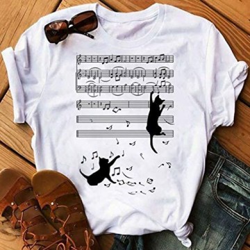 SatinGold Casual T-shirt mit Musiknote Dauben Gedruckt Kurzarm T-shirt Katze Cat Tops für Damen Einzigartiges Einfarbig Sommer Oberteile Bluse Rundkragen Tops