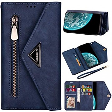 Vepbk Brieftasche Hülle für Xiaomi Redmi Note 9S / Redmi Note 9 Pro [nicht für Redmi Note 9] Handyhülle Handytasche Case Leder Geldbörse mit Reißverschluss Kartenfach Umhängeband Klapphülle Blau