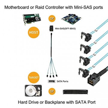 Xiwai Internes Mini-SAS SFF-8643 Host zu gewinkelten 4 SATA-Target-Festplatten 6 Gbit/s Datenserver Raid-Kabel 1 m