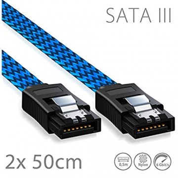 2 x Nylon SATA Kabel 50cm geflochtener Mantel S-ATA HDD SSD Datenkabel mit Übertragungsraten bis zu 6 GBit/s blau/schwarz