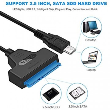 EasyULT USB C SATA-Kabel USB 3.1 Type C auf SATA III 2.5 Festplattenadapter für 2.5-SATA HDD SSD 7 + 15 Pin Thunderbolt 3 kompatibel - SATA I/II/III Unterstützt UASP SATA III