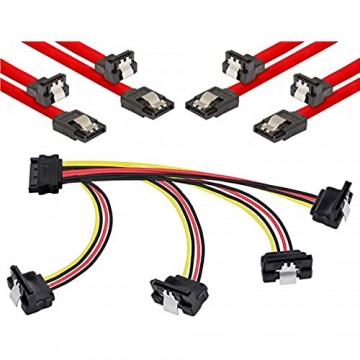 Poppstar Sata Kabel Set (Stecker gerade-90° gewinkelt) 4X 0 5m Sata 3 Datenkabel rot + 20cm 4-Fach Y-Stromkabel Adapter