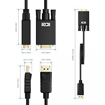ICZI DisplayPort auf VGA Kabel 1m 1080P@60Hz DP zu VGA Verbindungskabel mit Vergoldet Stecker für der Monitoren mit 15-Pin-VGA-Anschluss Schwarz