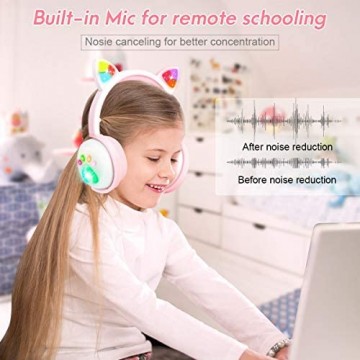 Kinderkopfhörer Bluetooth Mädchen Katzenohr Kopfhörer Over-Ear mit LED-licht Faltbare Stereo Kopfhörer Kabellose Kopfhörer Headsets für Kinder mit Mikrofon für Handy/Tablet/PC/TV (Weiß)