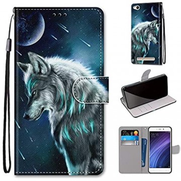 TOUCASA Handyhülle für Xiaomi Redmi 4A Hülle Premium Brieftasche PU Leder Flip [Kreativ Gemalt] Stoßfeste Case Handytasche Klapphülle für Xiaomi Redmi 4A (Denkender Wolf)