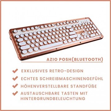 Azio Classic Retro-Tastatur Posh mechanische Schreibmaschinen-Tastatur Steampunk-Tastatur mit Bluetooth kabellos beleuchtete Tasten Vintage Look rosegold