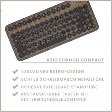 Azio Compact Retro-Tastatur Elwood mechanische Schreibmaschinen-Tastatur inkl. Handballenauflage mobile Steampunk-Tastatur mit Bluetooth kabellos beleuchtete Tasten Vintage Look