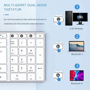 Bluetooth Tastatur Jelly Comb Multi-Gerät Bluetooth-Tastatur und 2 4G Kabellose Tastatur aus Aluminium Wiederaufladbare QWERTZ Funktastatur für Windows OS iOS Android(Silber)