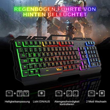 Gaming Tastatur WisFox Bunte Rainbow LED Hintergrundbeleuchtete Gamer Keyboard Ultra Sünn leise Ganzmetall USB Computertastatur mit Spritzwassergeschütztem Design für Windows PC Gamer-Schwarz