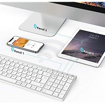 iClever BK10 Bluetooth Tastatur kabellose wiederaufladbare Tastatur mit 3 Bluetooth Kanälen Stabile Verbindung Ultraslim Ergonomisches Design Funk tastatur für iOS Android Windows Weiß