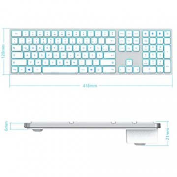 Jelly Comb Beleuchtete Tastatur mit 3 Bluetooth Kanal Kabellose Wireless Fullsize QWERTZ Funktastatur Wiederaufladbar für Windows PC/Laptop/Tablet/Surface Pro Go Weiß und Silber