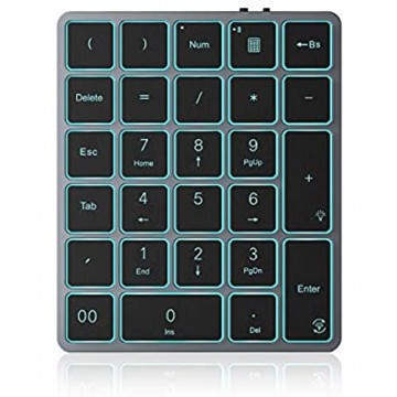 Jelly Comb Bluetooth Beleuchtete Nummerische Tastatur Wireless Wiederaufladbare Nummernblock mit 27 Tasten Ziffernblock für Tablet Laptop Windows Space Grau