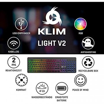 KLIM Light V2 Tastatur Kabellos QWERTZ + flach ergonomisch dezent wasserresistent leise + Beleuchtete Gaming Tastatur für PC Mac PS4 Xbox One + Integrierter Akku mit Langer Lebensdauer Neu 2021