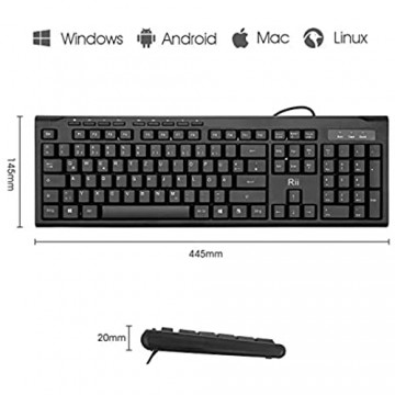 Rii RK907 Tastatur USB Kabelgebundene Tastatur PC Business Slim Tastatur mit Kabel für Mac/PC/Tablet/Windows/Android/Microsoft QWERTZ Deutsches Layout