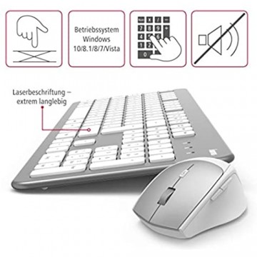 Hama Funk-Tastatur Maus Set (QWERTZ Tastenlayout kabellose ergonomische Maus 2 4GHz USB-Empfänger) Windows Keyboard Funkmaus-Tastatur-Set weiß silber