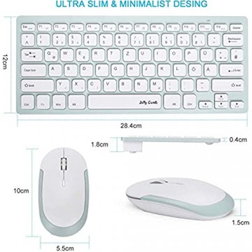 Jelly Comb Funkmaus und Tastatur Set 2.4G Kabellose Ultraslim Mini Tastatur und Maus Combo QWERTZ Deutsches Layout für MacBook PC Laptop Smart TV Weiß und Grün