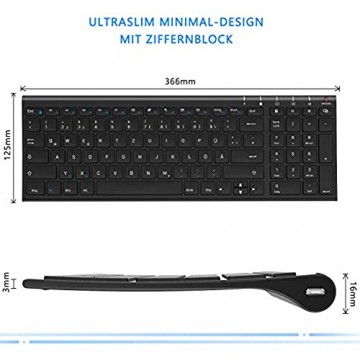 Jelly Comb Funktastatur mit Maus Set 2.4G Kabellose Ultraslim Mini Tastatur und USB Maus Wiederaufladbar für PC Laptop Smart TV usw QWERTZ Deutsches Layout Schwarz